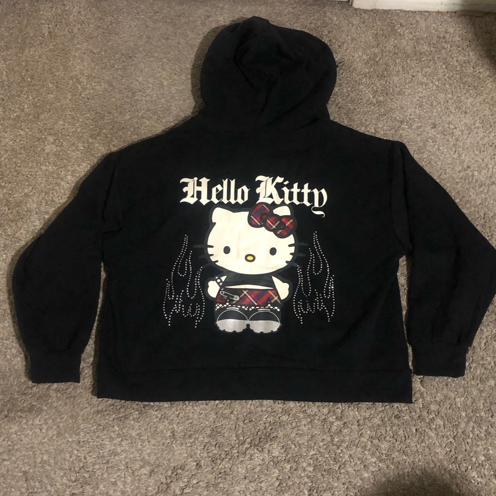 Hello Kitty Women's Fleece Zip Up Hoodie, Size L, Punk Style, Black, Graphic
